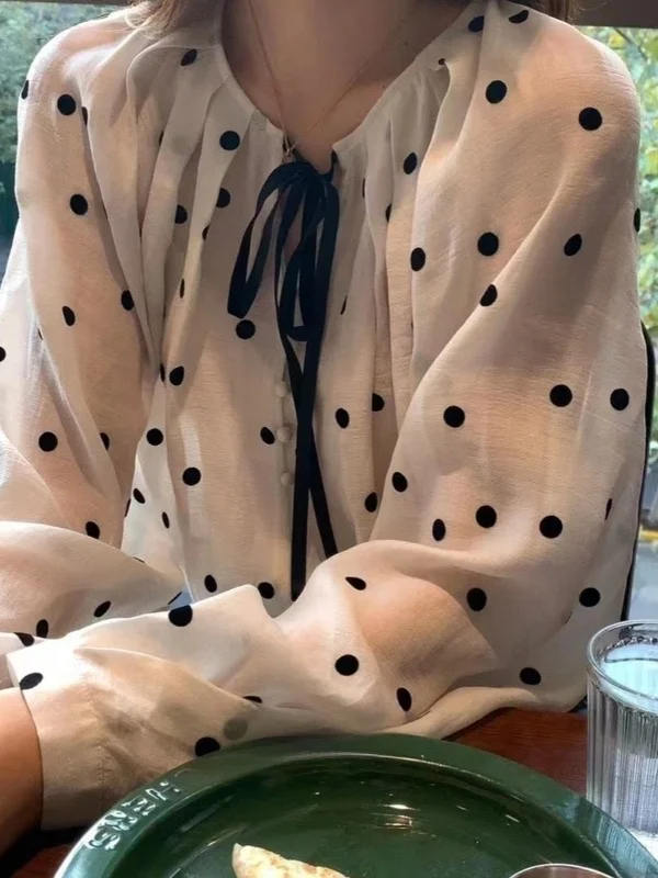 Sweet French Style Polka Dot Bubble Sleeve Sun Protection Shirt Women Spring Summer Fashion Anti Aging Doll Top Silk Blouse