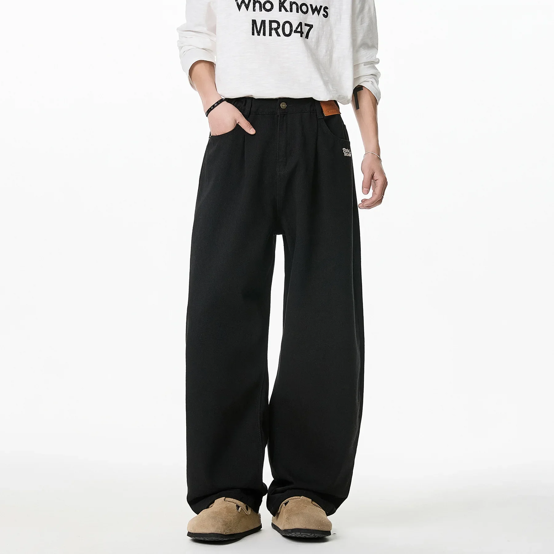 

Мужские новые джинсы в полный рост, однотонные прямые джинсы, джинсовые потертые брюки, карманы на молнии, уличные весенние рваные свободные брюки 2025