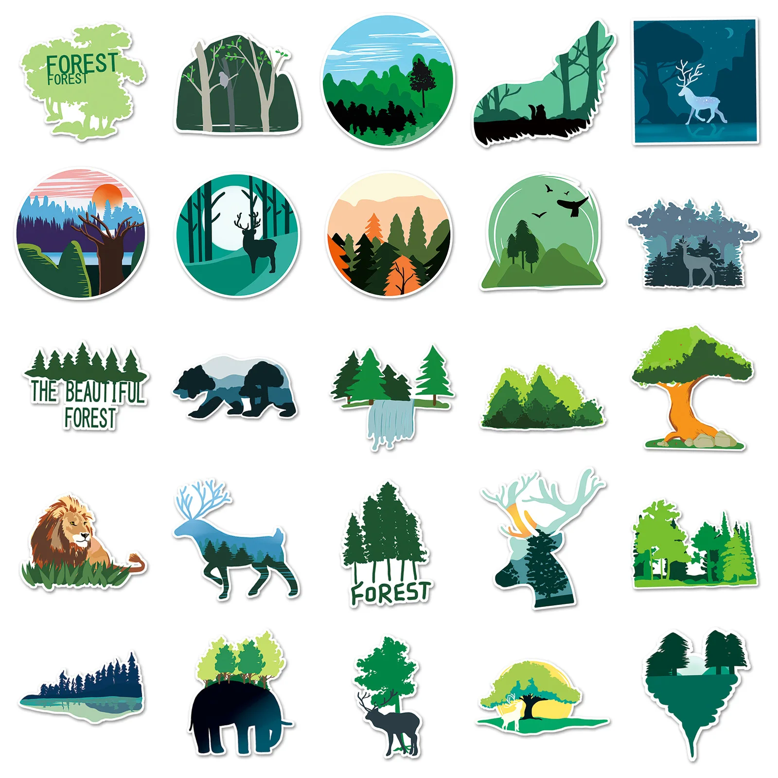 50pcs Forest Cartoon Trees Plant Graffiti Hand Luggage Guitar Computer Decoration Waterproof Cross Sticker