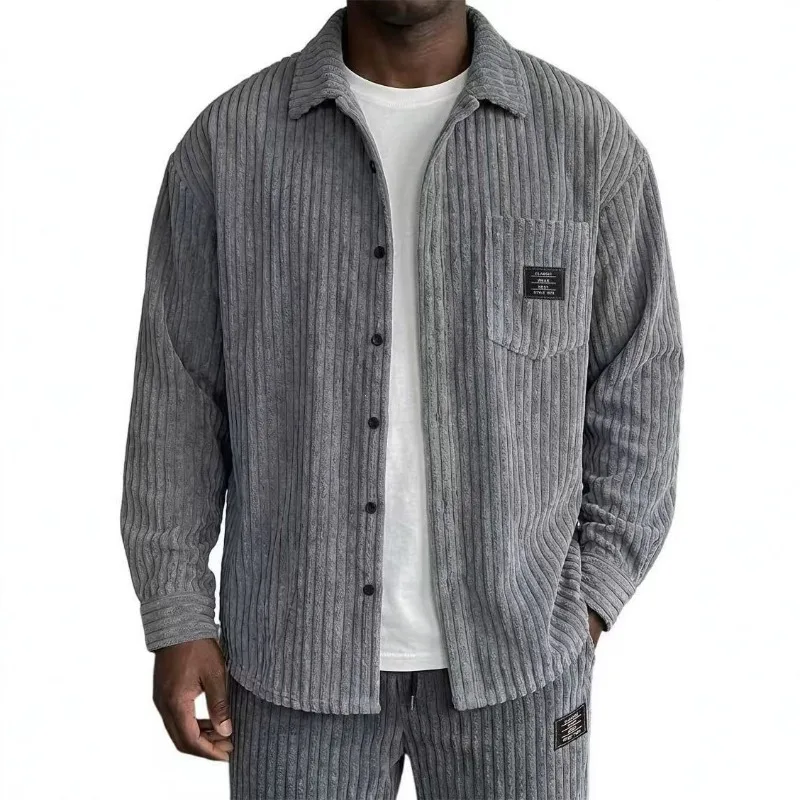 Men Vertical Striped Corduroy Shirt Lapel Collar Single Breasted Pocket Design Loose Casual Outerwear Top