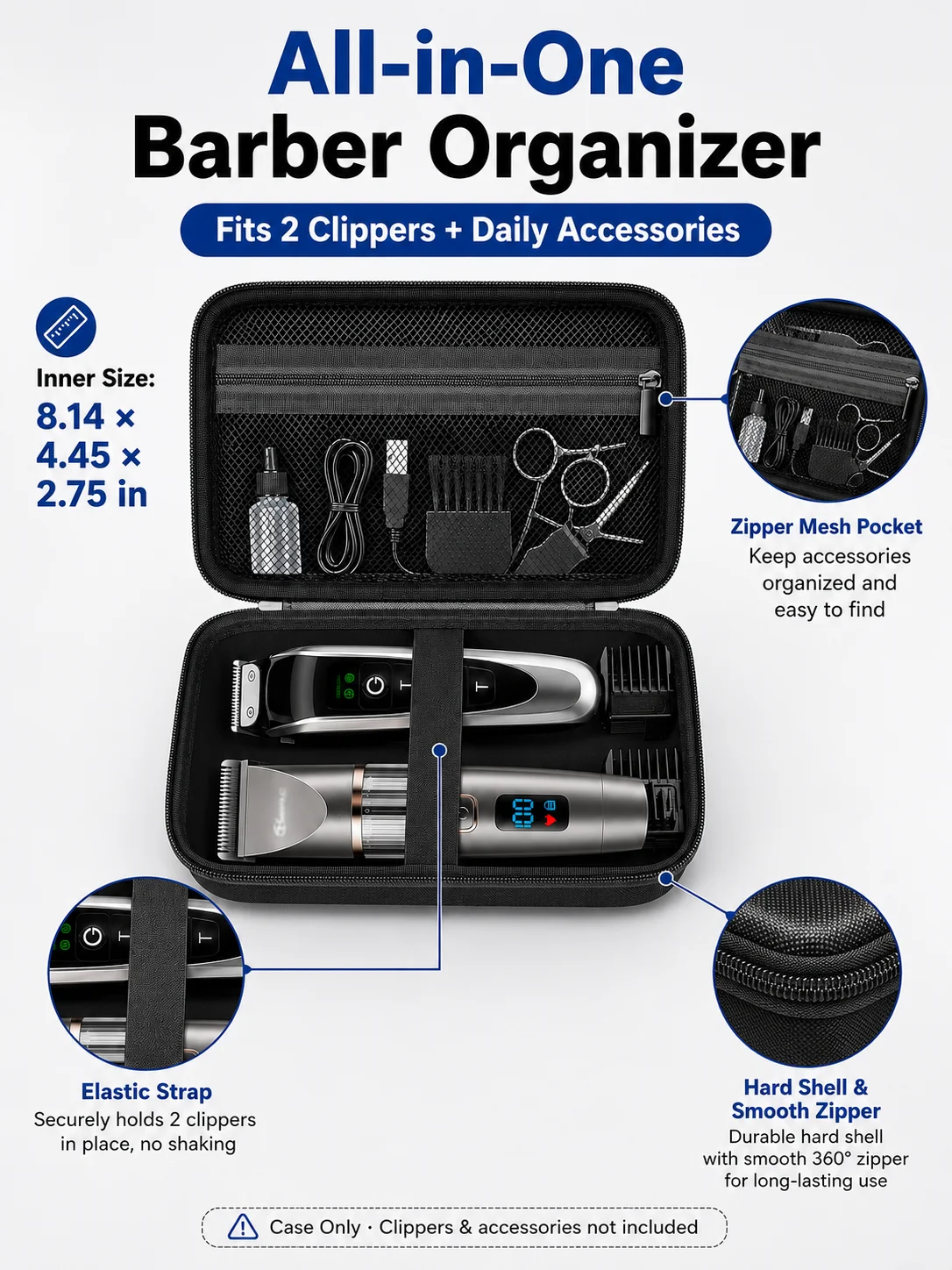 Haarschneidemaschinen-Etui für Wahl Andis, 2-teilige Friseur-Trimmer-Organizer-Tasche Kompatibel mit Ufree Novah Fadeking, Nur Schwarzes Reiseetui – Detail 2