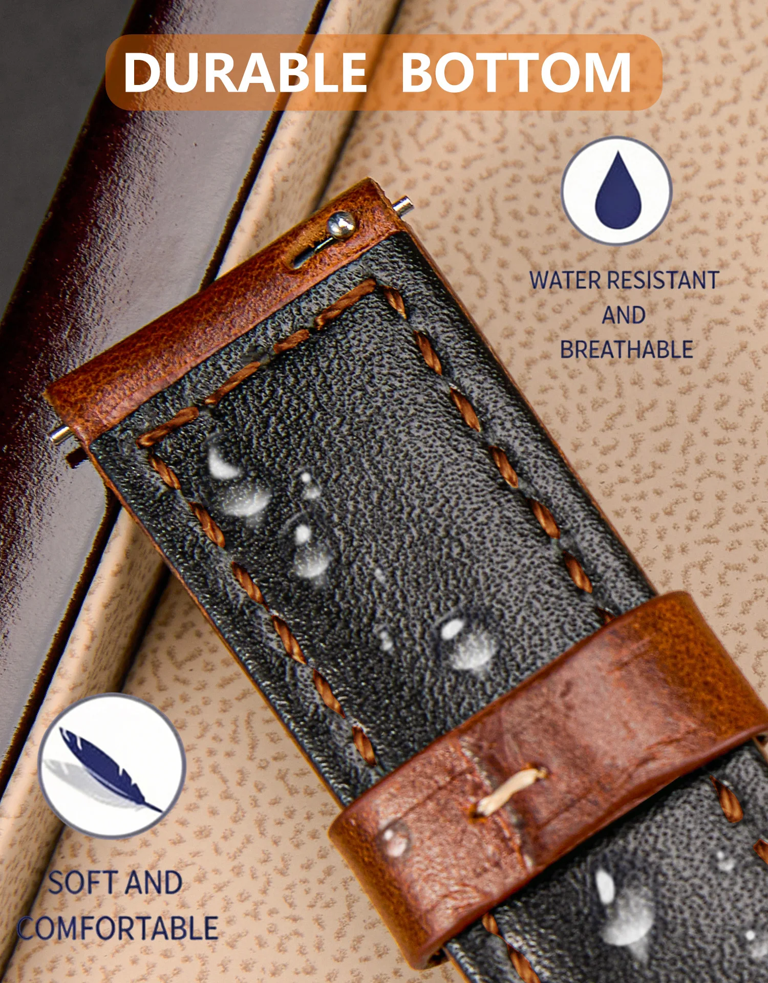 Wachs-Echtleder Uhrenarmband für Herren und Damen, Vollnarbiges Naturleder 18/19/20/21/22 mm Uhrenarmband mit Edelstahl-Schnalle – Detail 5