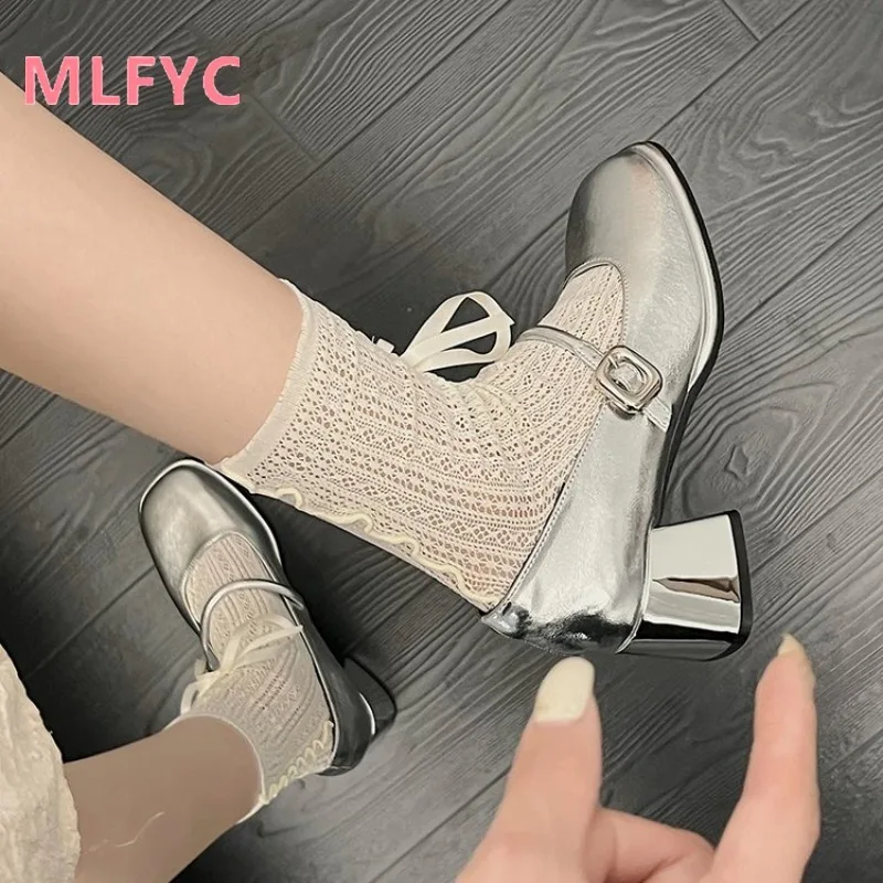 Silver Thick Heel Shoes 2024 Spring New Mid Heel Waterproof Platform Shoe Women Comfortable Simple Shoe chaussure femme