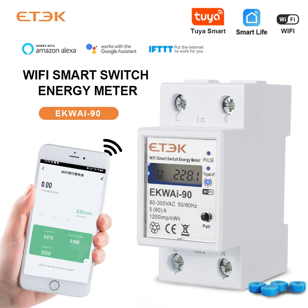 

ETEK Energy Power kWh Meter 2P TUYA APP WiFi Smart Circuit Earth Leakage Over Und EKWAier Voltage Protector Relay Device EKWAi