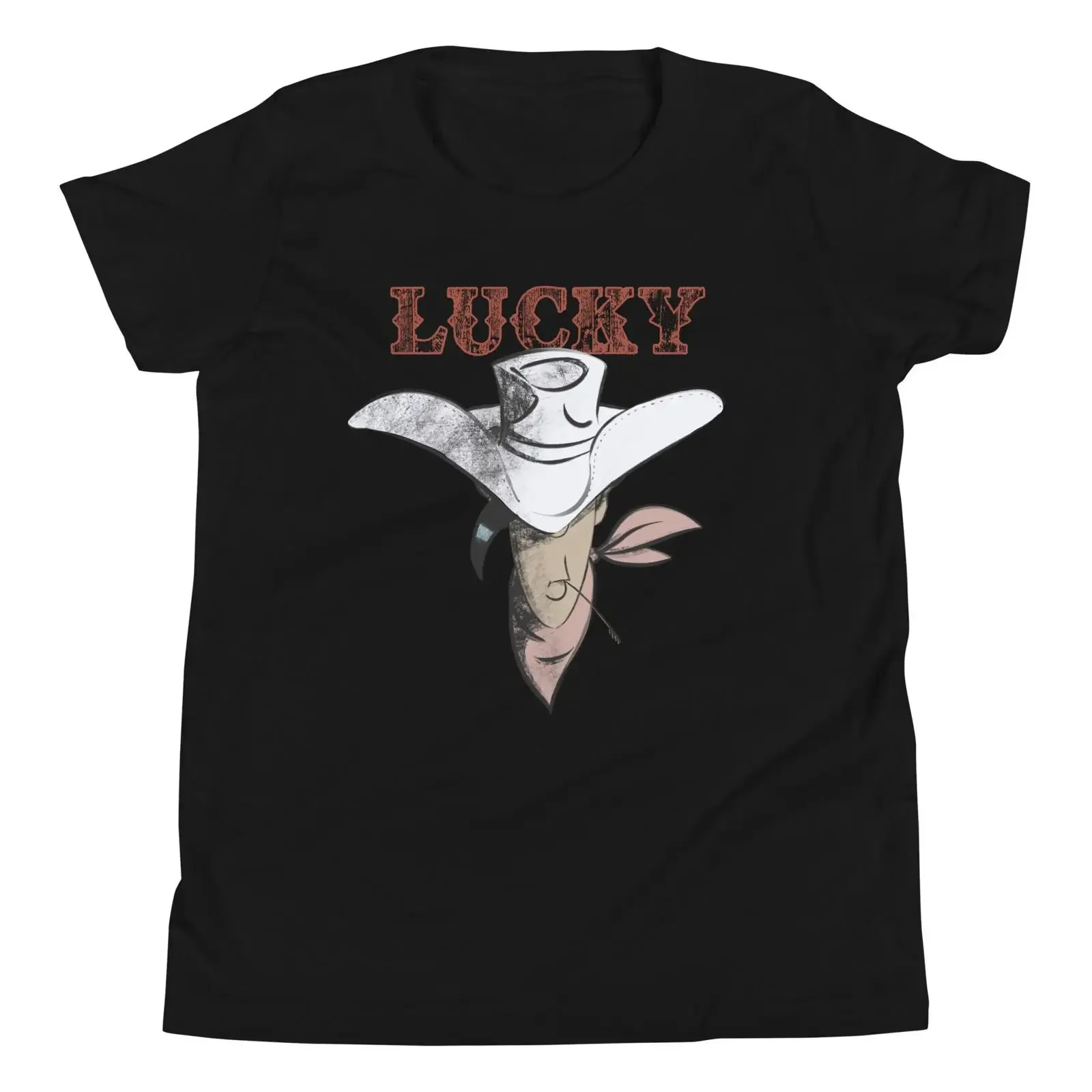 May include Black youth t shirt with a white cowboy hat and the word LUCKY in red lettering vintage Washed Soft Stylish