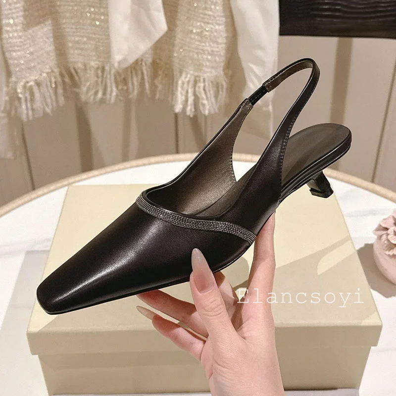 Summer genuine leather square toe backless kitten high heels fashionable low heels casual solid color office commuting shoes