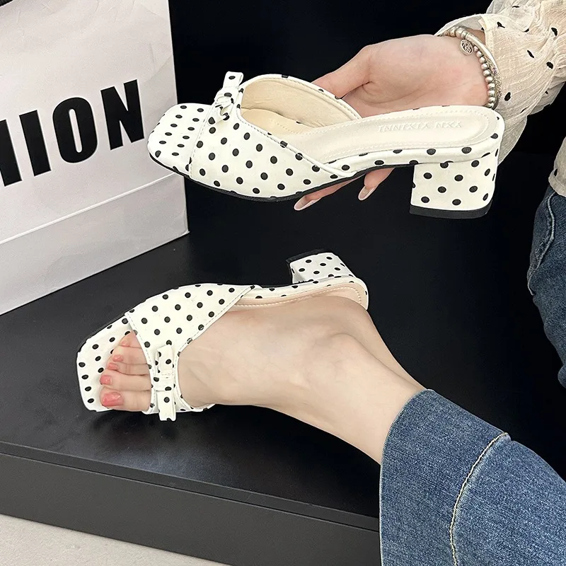 Gladiator Women Polka Dot Slippers 2026 Summer Holiday Thick Heel Mules Shoes Elegant Butterfly-knot Vacation Dress Sandalias