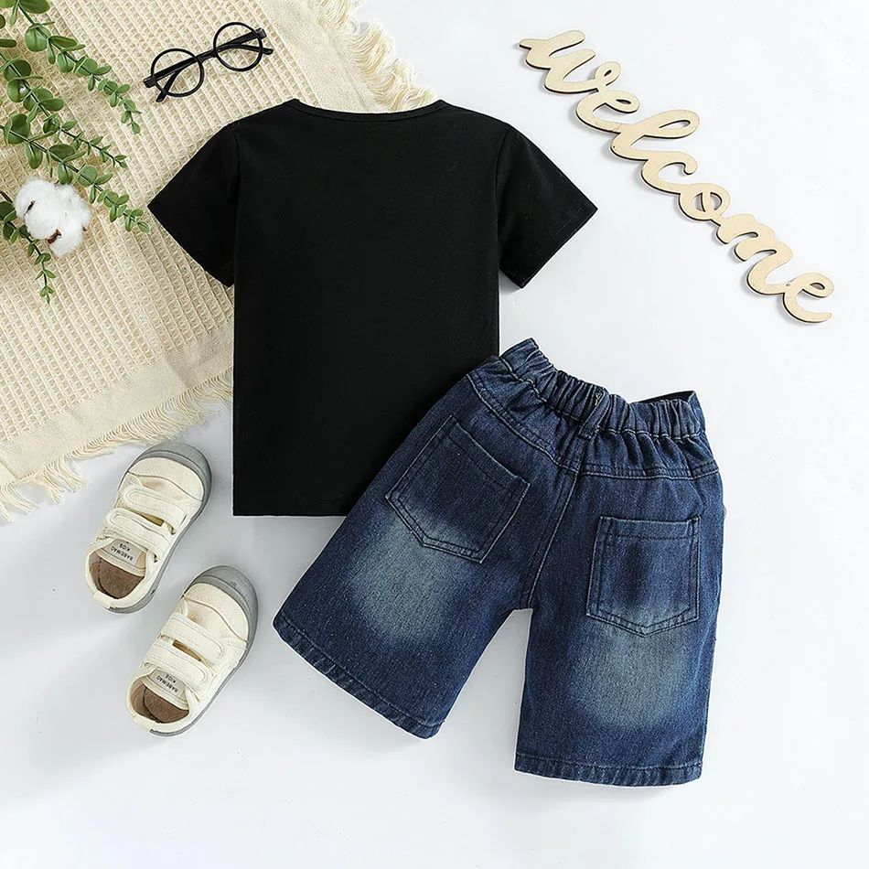 Children's Clothing Summer Letter Print Black Short Sleeved Pair With Denim Shorts Two Piece Children's Fashion Set