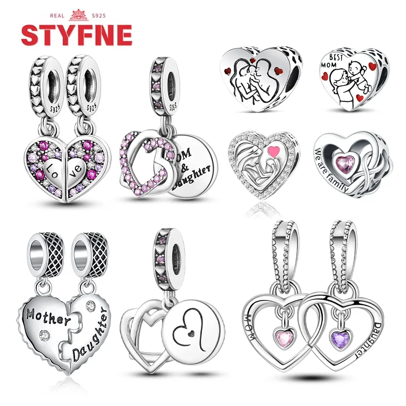 

925 Sterling Silver Two Color Heart Pendant Love Mom Series Beads Charms Fit Bracelets Dangle Diy Fine Jewelry for Women Gifts