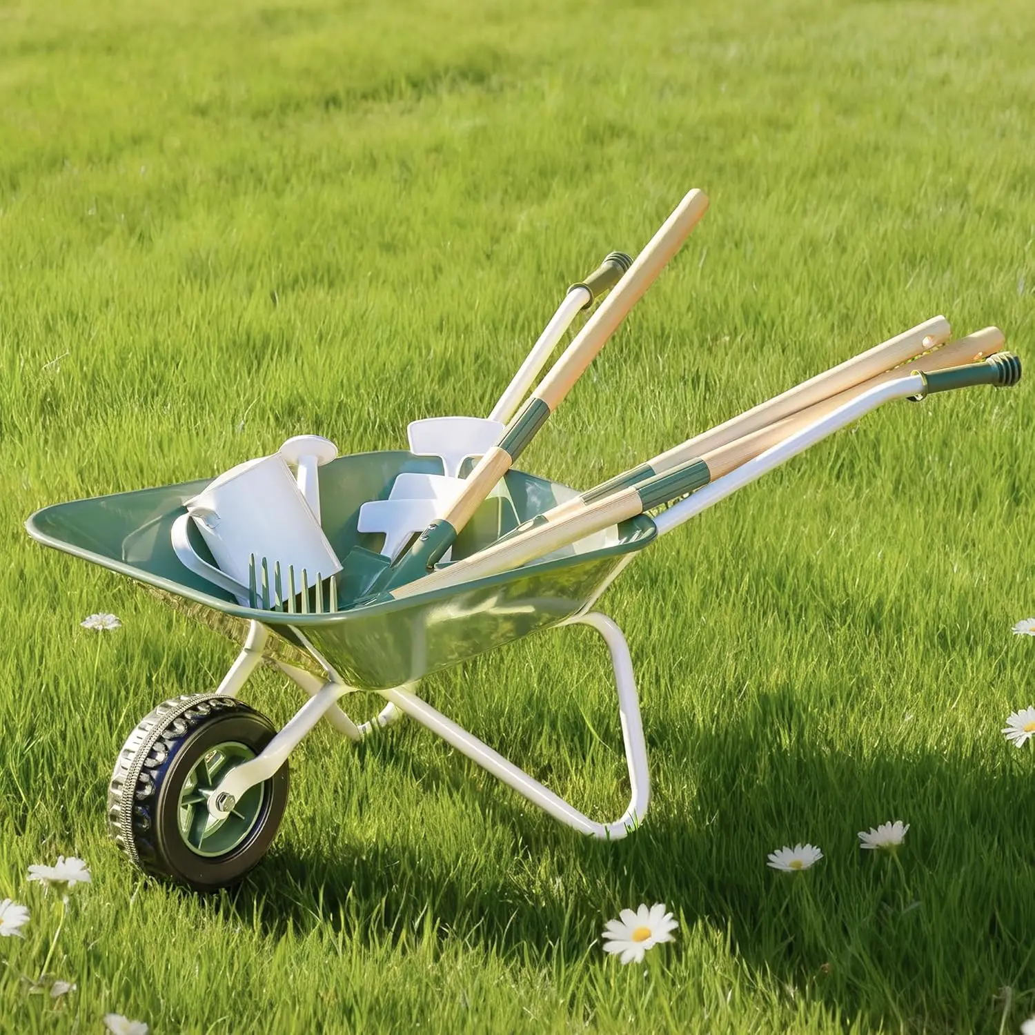 

Kids Gardening Wheelbarrow Set with Tools, Watering Can & Plant Labels for Outdoor Pretend Play