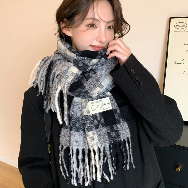 

Осенне-зимняя атмосфера, клетчатый теплый шарф с бахромой для мужчин и женщин, увеличенный утолщенный длинный шарф, теплая шаль
