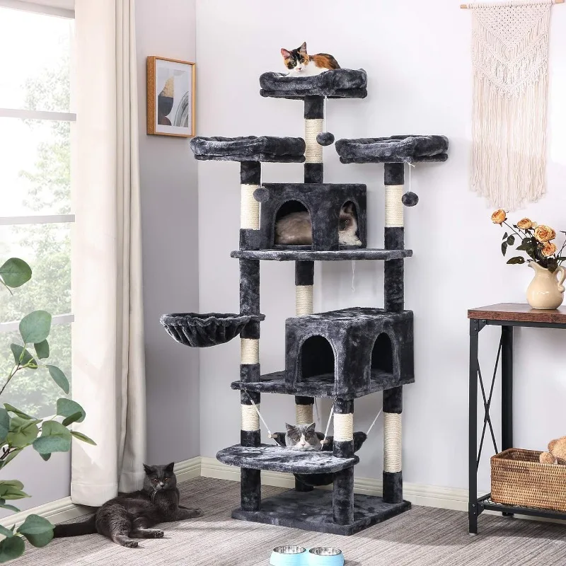 BEWISHOME Cat Tree 66.3 Inch Multi-Level Large Tall Cat Tower with Plush Top Perches, Sisal Scratching Post Cat Condo Play House