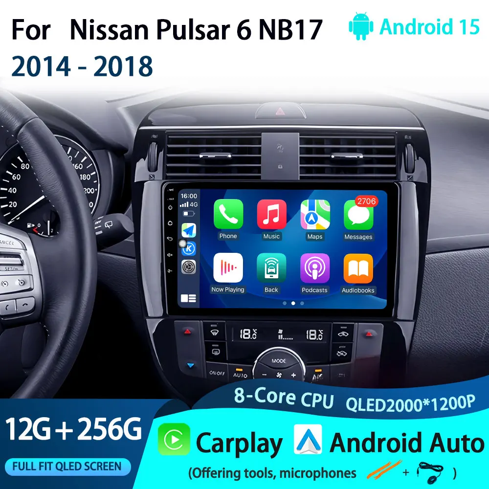 9 inch Android 15 Carplay Auto 2K QLED Car Radio Player For Nissan Pulsar 6 NB17 2014 - 2018 GPS 4G Stereo WIFI BT Multimedia