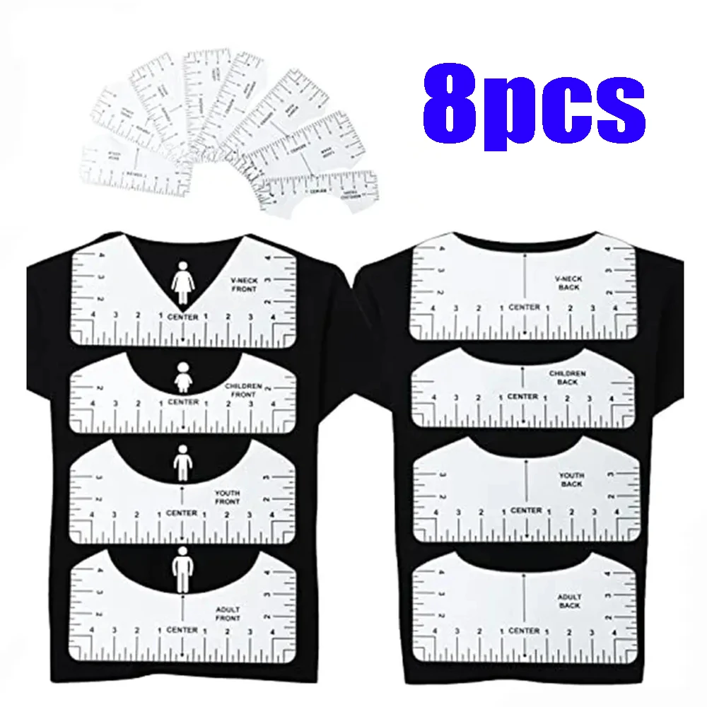 8Pcs Transparent T-Shirt Ruler Guide Center Designs Set for Clothing Front Back V-Neck DIY Template Alignment Tools B03E