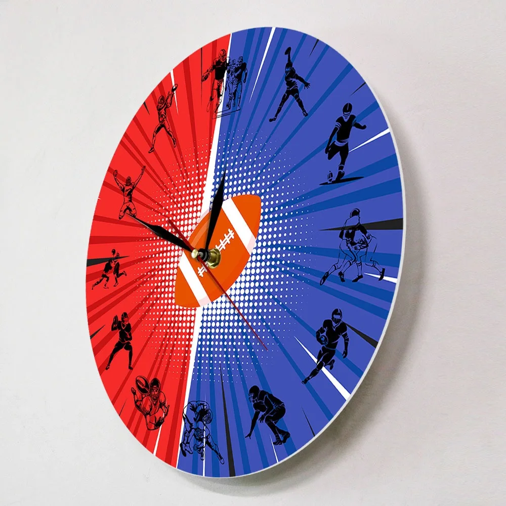 Silent American Football Wall Clock Red/Blue Sports Acrylic Hanging Watch for Kids Boys Room Decor Rugby Fan Gift