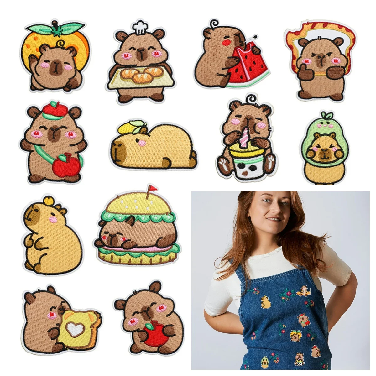 

[YU]16pcs Capybara Embroidery Patch Cute Iron On Patches DIY Applique For Clothing Backpack Hat, Children's Clothing Decoration
