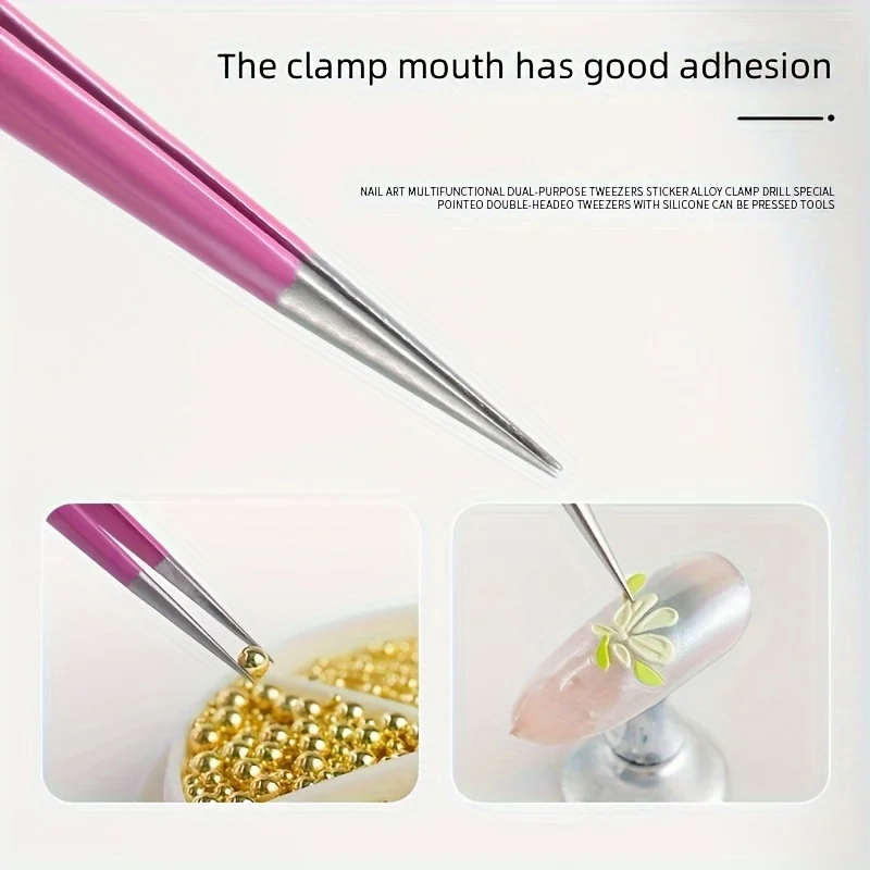シリコンプレス付き両端ネイルアートピンセット 3 個 - 精密ラインストーンアプリケーター & マニキュアツール、無臭
