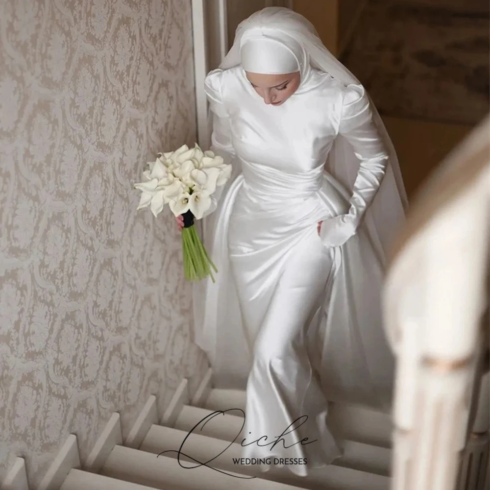 

QICHE Modest Arabic Wedding Dresses Long Sleeves Muslim High Neck Silk Satin Bridal Gowns for Brides Customized Evening Dress