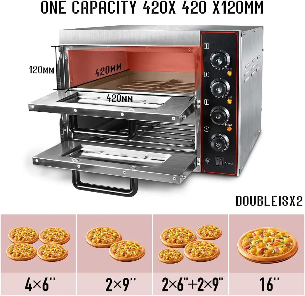 Shikha Commercial Pizza Oven 16 Inch Pizza Double Deck 3000W 110V Electric Oven Multipurpose Toaster Bake Broiler 40L Capacity