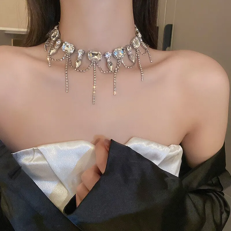 Exaggerated Geometric Crystal Necklaces Luxury Shiny Square Rhinestone Chain Necklace 2023 New Fashion Neck Jewelry For Women