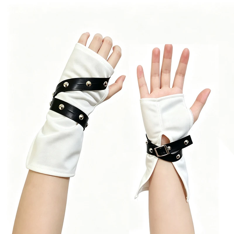 Women White Fingerless Gloves Punk Gothic Style Adjustable Rivet PU Strap Long Cuff Arm Warmers for Cosplay Party Streetwear