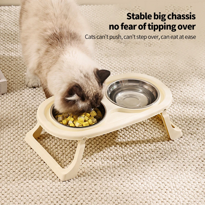 Collapsible Stainless Steel Pet Bowl Cat Food Bowl Dog Food Bowl Eating Drinking Dog Bowl Neck Guard Tall Double Bowl