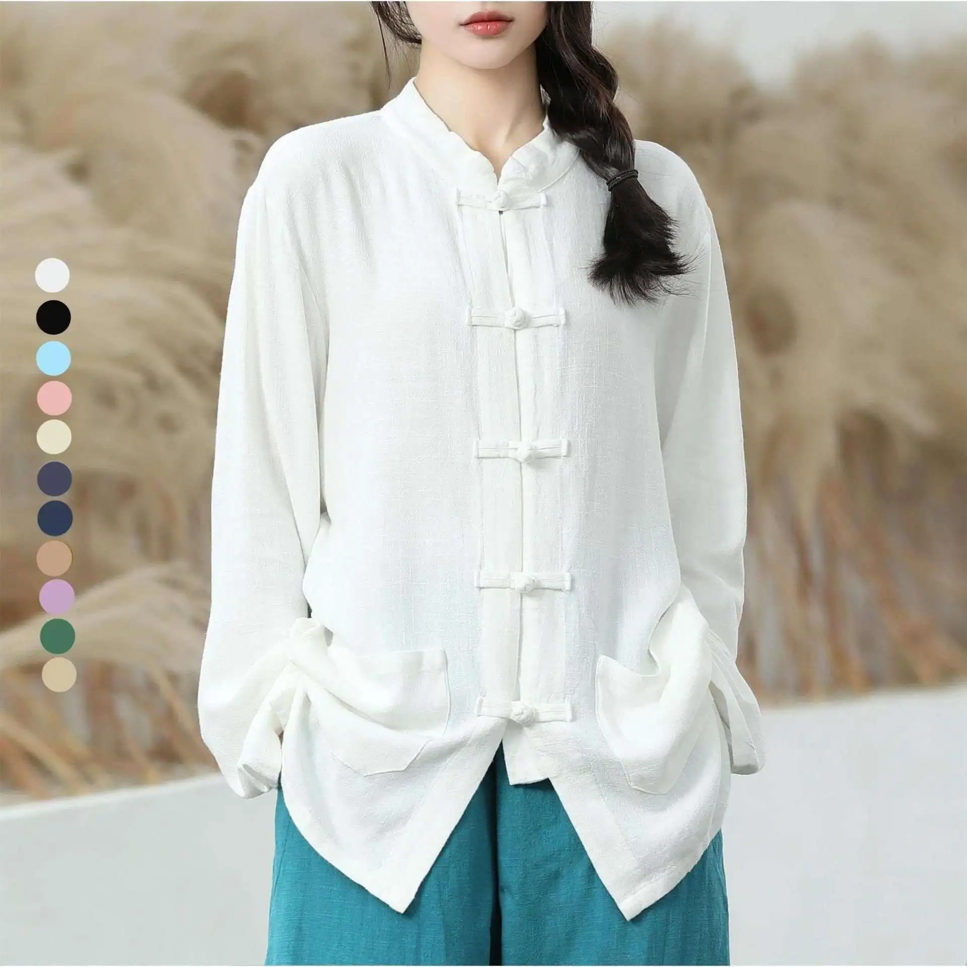 

Retro Button-Up Cardigan High-End Tai Chi Clothes Cotton Linen Men Women Summer Sle Loose Fit irt with ket Design