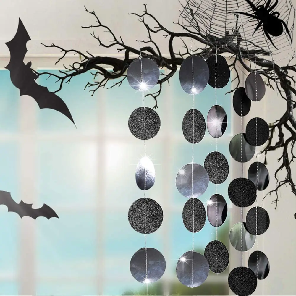 13Ft Glitter Black Paper Circle Garland Strings Halloween Party Decoration Hanging Polka Dots Streamer for New Year Bachelorette