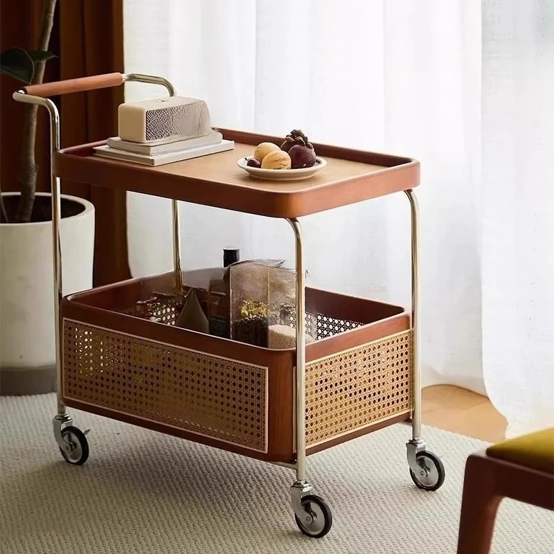 Side few trolley solid wood rattan living room mobile storage rack double layer with wheels dining side cabinet household