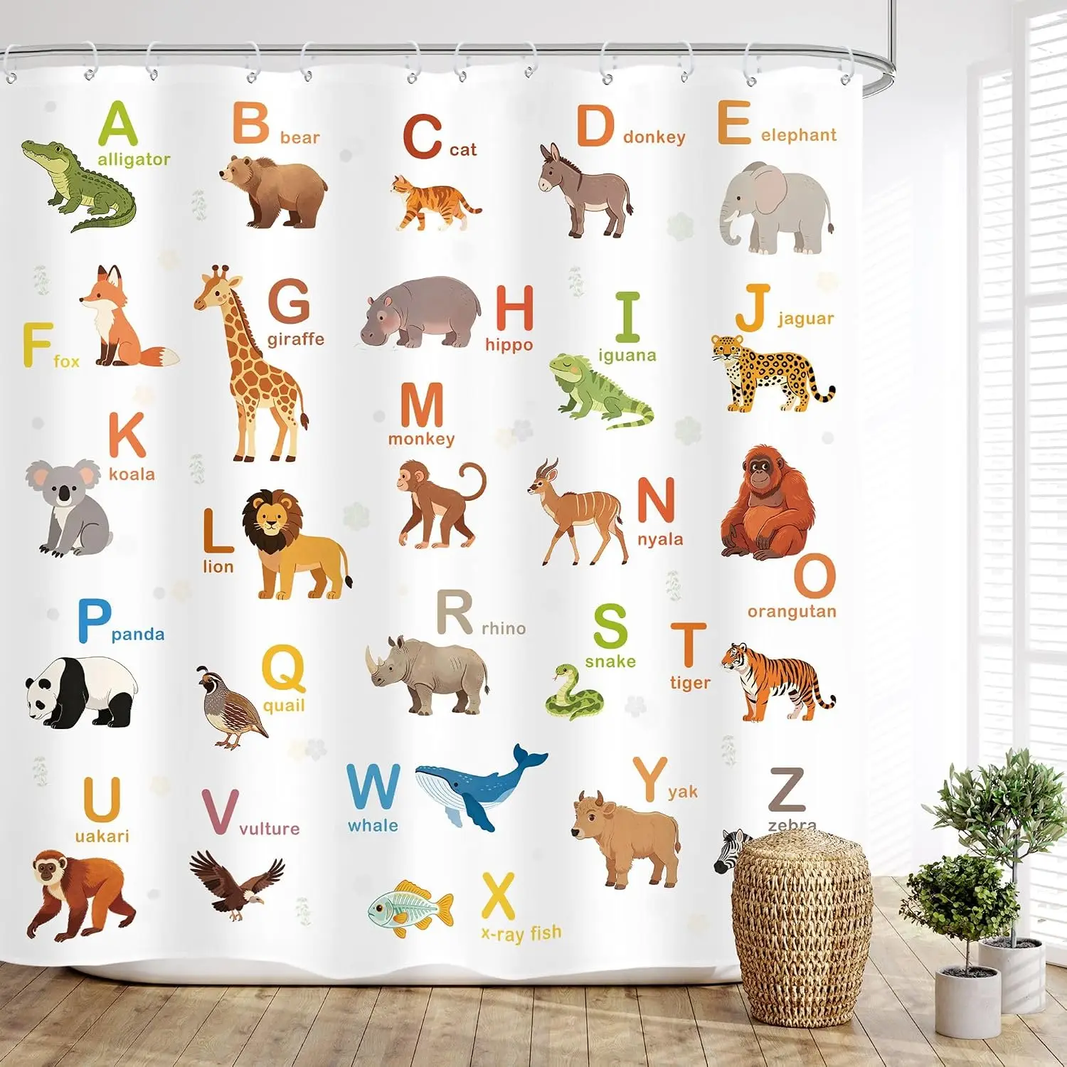 Waterproof Kids Educational Alphabet Animal Shower Curtain Bathroom Nursery Decor Zoo Jungle Print 72x72 Inches