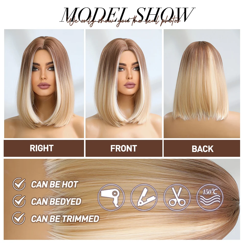 oneNonly Brown Ombre Blonde Wig Bob Short Wig Straight Natural wigs for Women Daily High Temperature Hair