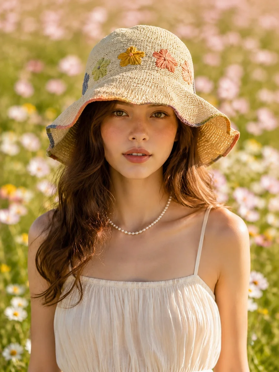 french-countryside-style-knitted-flower-detailed-straw-hat-women's-holiday-sun-protection-hat-foldable-large-brim-hat