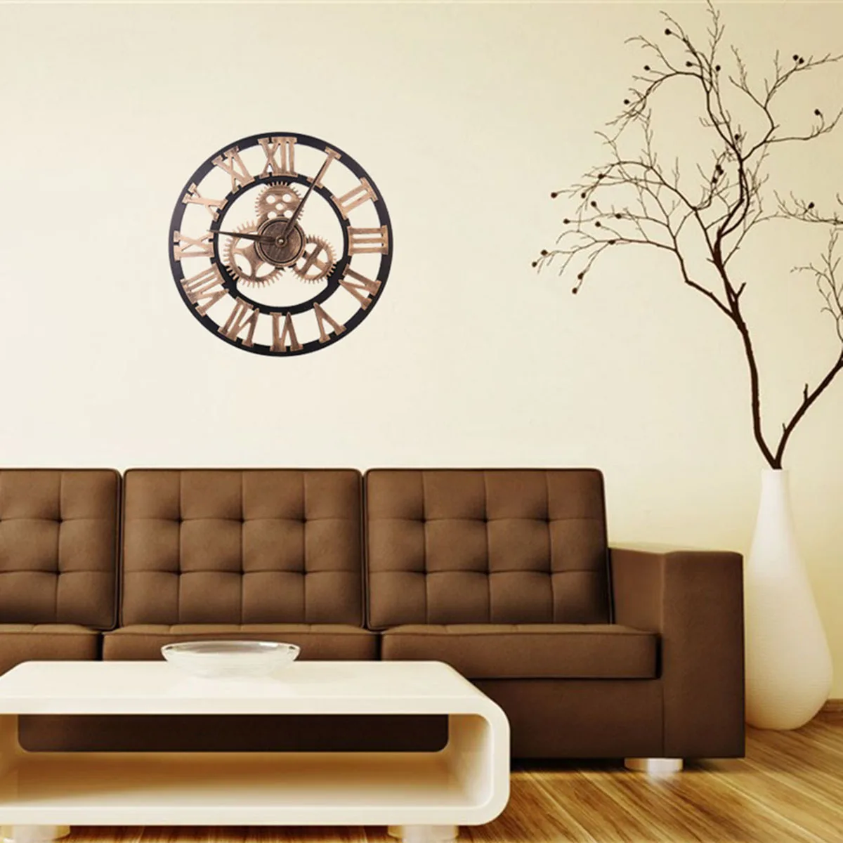 

Vintage Wall Clock 40cm Diameter Retro 3D Roman Numerals Quartz Movement Powered Gear Design Hanging Decor