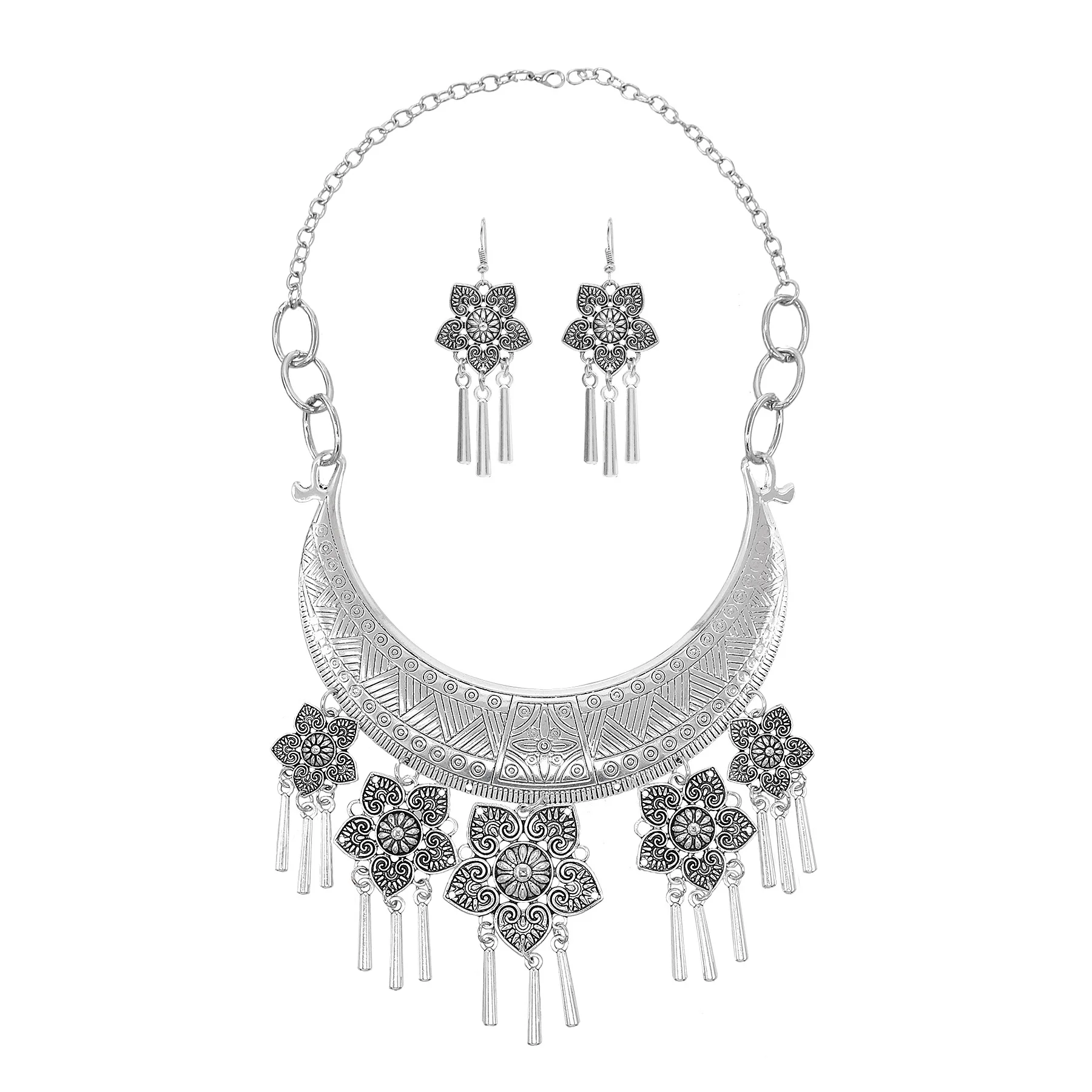 Traditional Miao Choker Necklace Earrings for Women Vintage Silvery  Round Flower Pendant Tassel Jewelry Set Wedding Accessories
