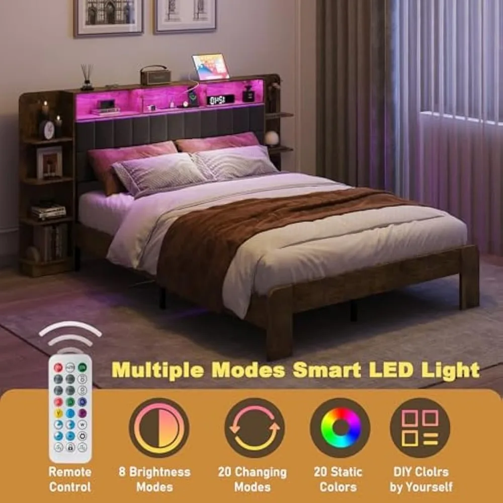 Estrutura de cama queen com armazenamento, cama de plataforma LED queen size com estação de carregamento, cabeceira de linho cinza escuro com prateleiras de estante