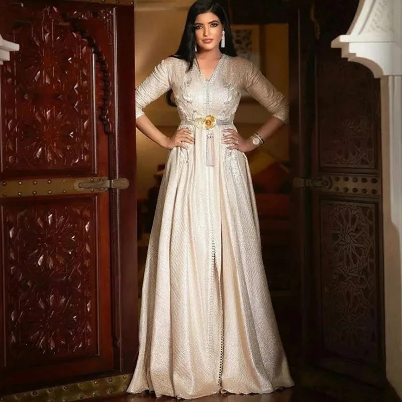 

Moroccan Kaftan Muslim Evening Dresses A-line V-neck 3/4 Sleeves Appliques Dubai Arabic Turkey Caftan Islamic Evening Gown