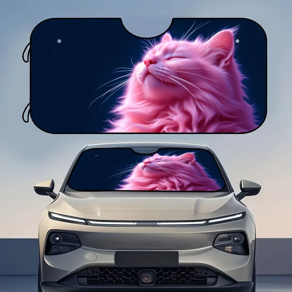 

1pc Pink Cat Print Front Car Windshield Sunshade - Foldable UV Protection & Heat Reduction Car Window Cover, Durable Polyester F