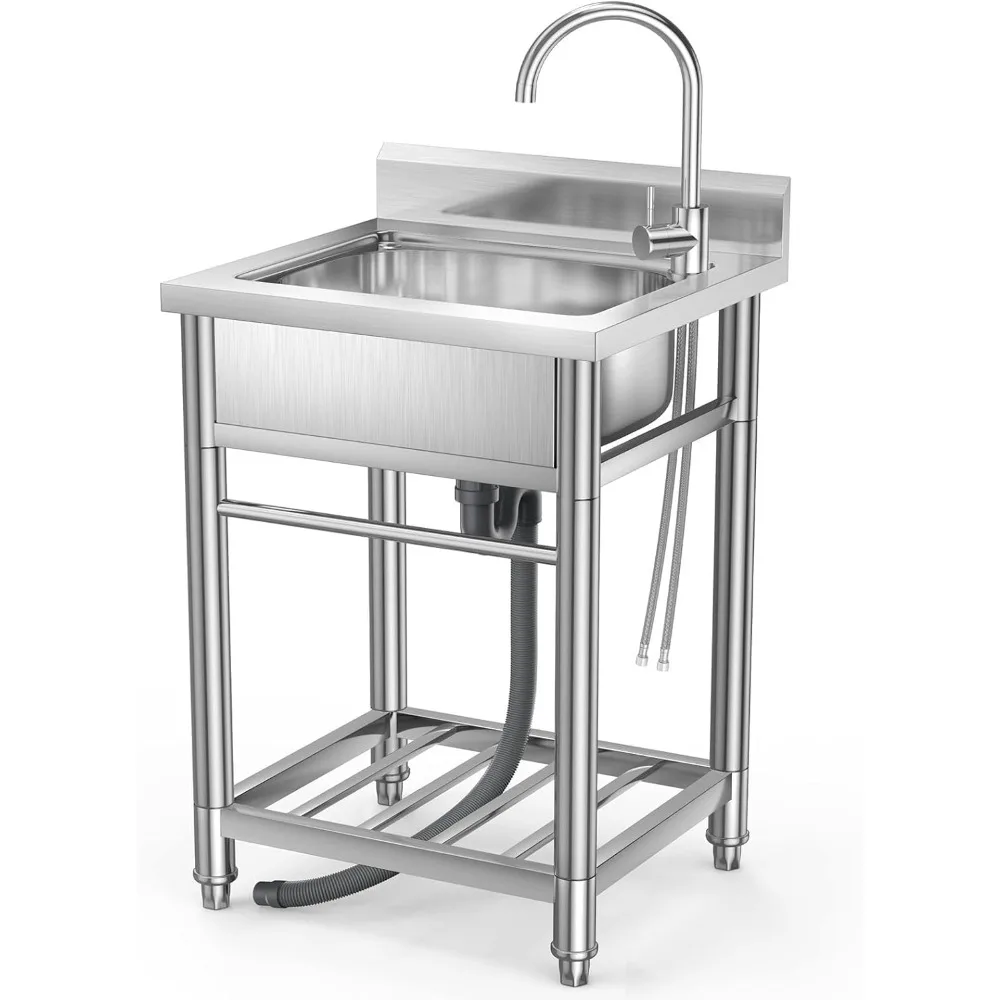 Fregadero de acero inoxidable, cuenco individual independiente con tubería y grifo de agua fría y caliente, fregadero de cocina para lanzamiento de restaurante