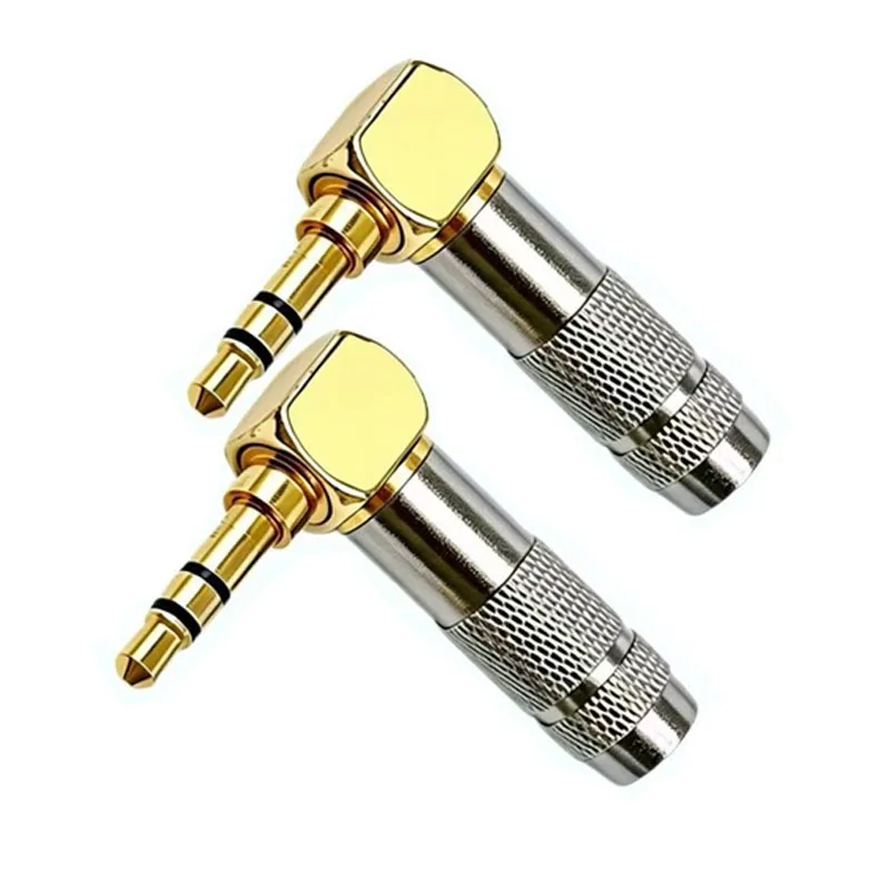 2PCS 3.5mm 3/4 Pole 90° Right Angle Stereo Gold Plated Solder L Type Headphone Audio Jack Wire Connector