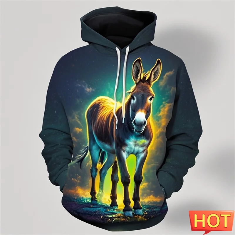 Autumn Vintage 3D Animals Donkey Printing Hoodies For Men Equus Asinus Graphic Hooded Hoody Kid Funny Streetwear Pullover Hoodie