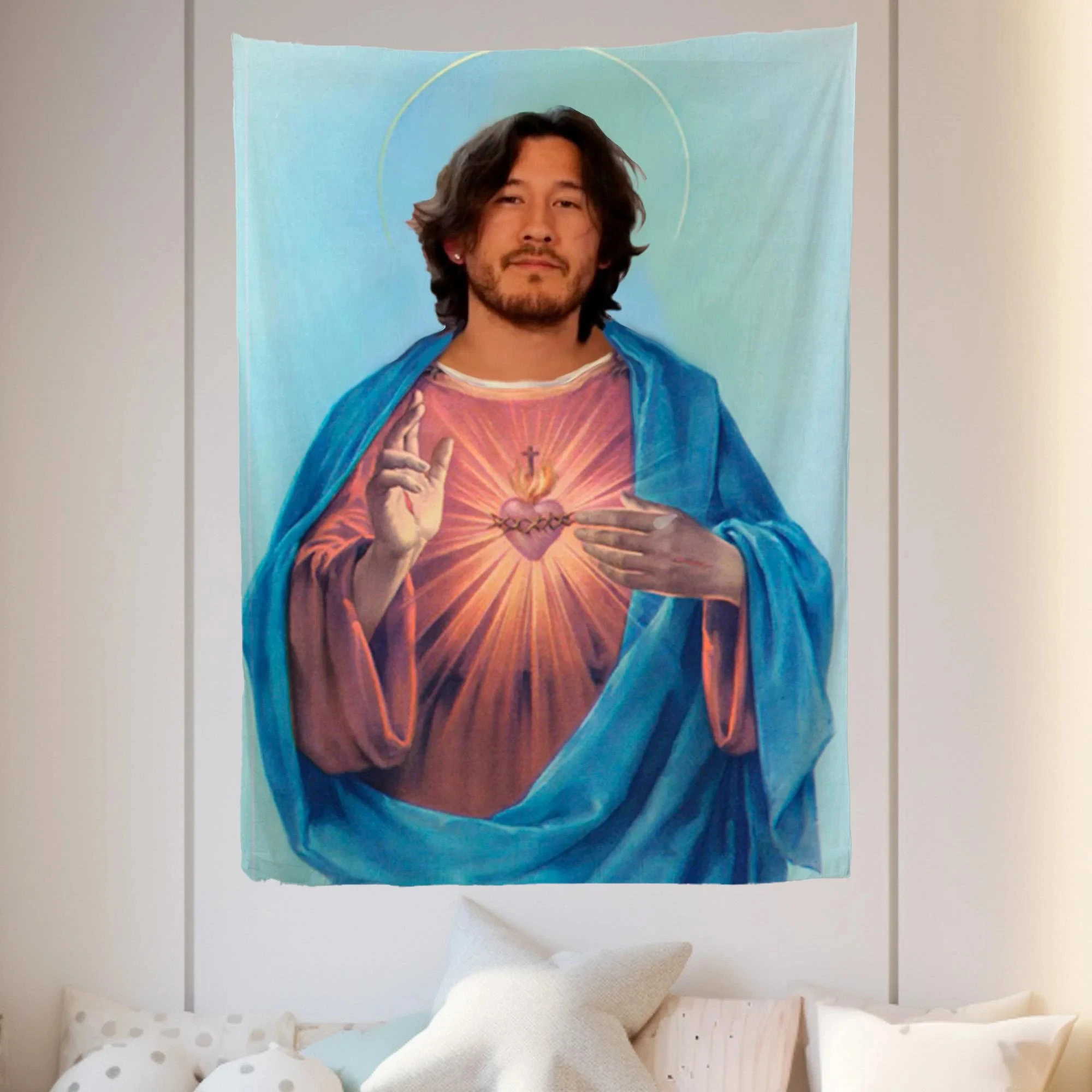 1pc Markiplier Jesus Meme Tapestry - Polyester 2D Wall Hanging for Bedroom, Living Room, Funny Room Decor & Gamer Fan Gift