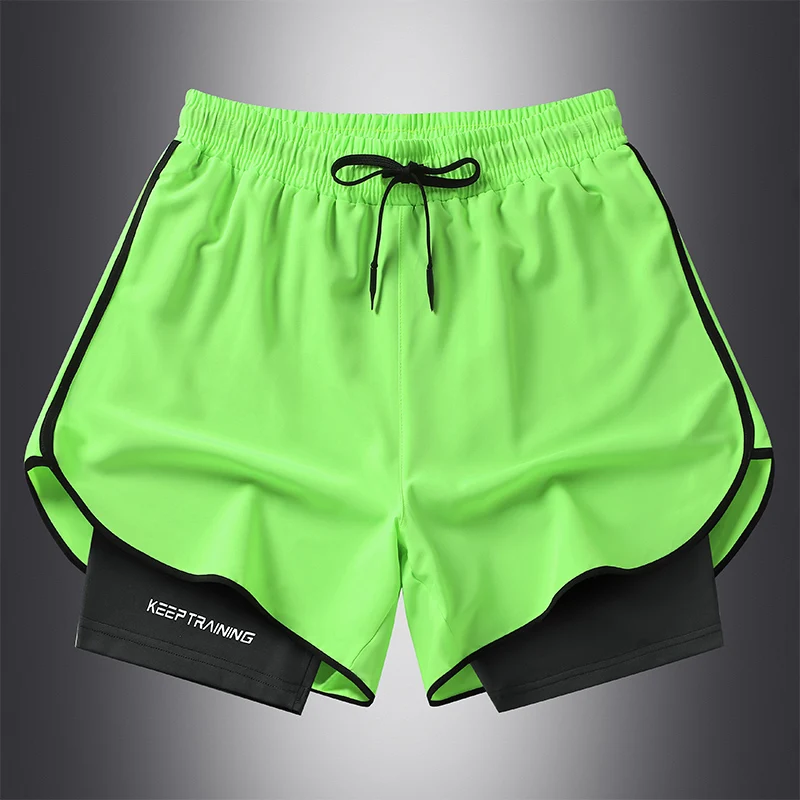 New Men\'s Double Running Fitness Beach Jogging Shorts Solid Color Ice Silk Quick Drying Casual Shorts Drawstring Shorts