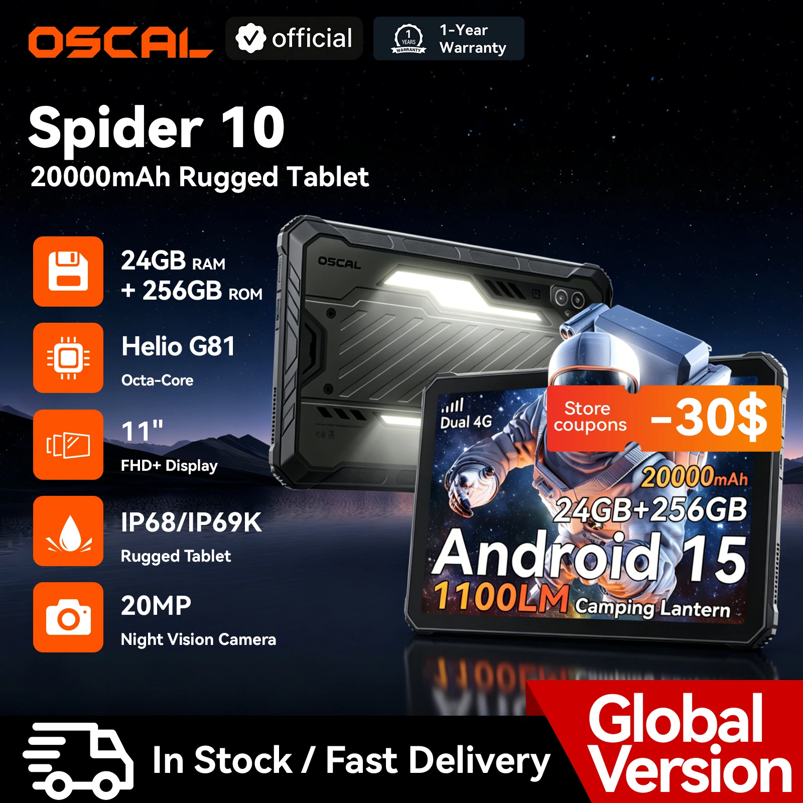 Blackview OSCAL SPIDER 10 Rugged Tablet Pad 11'' FHD+IPS Display  24GB(8+16) 256GB 20000mAh 45W MediaTek Helio G81 Android 15