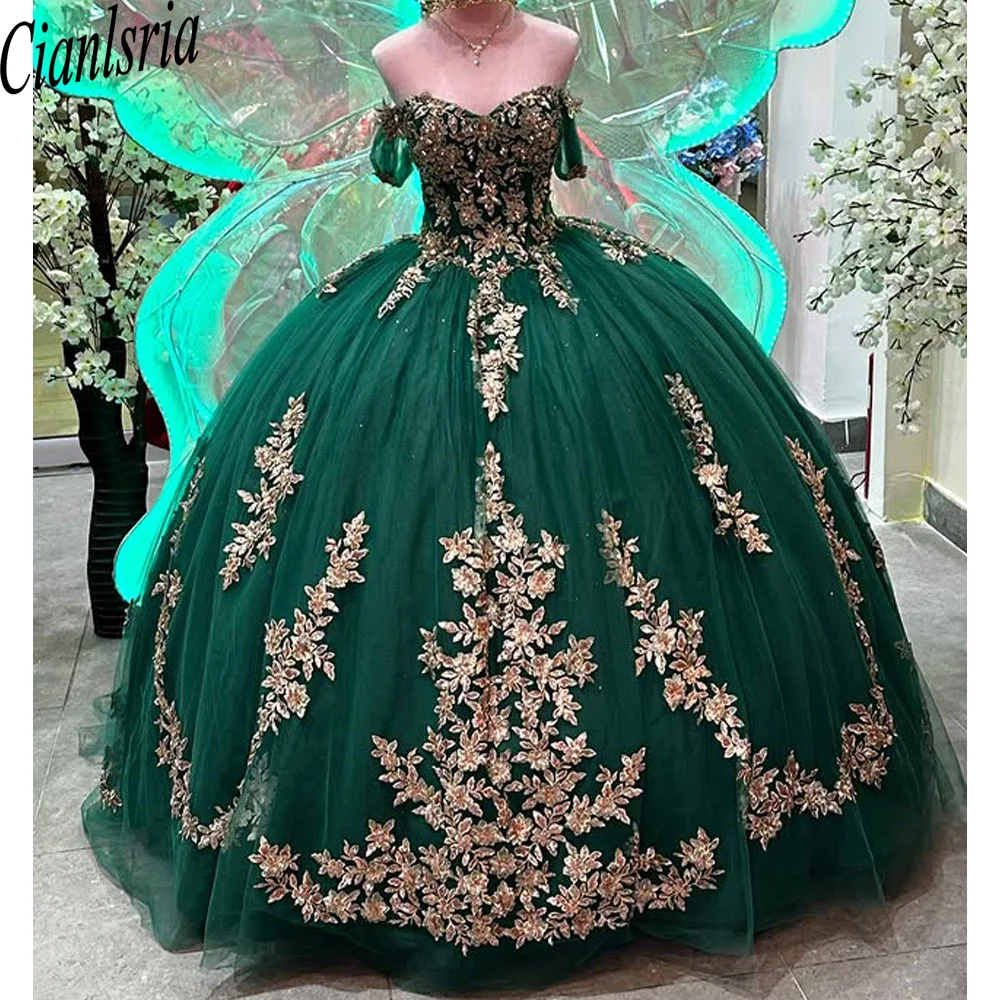 

Green Off-Shoulder Quinceanera Dresses 3D Flowers Appliques Vestidos De 15 Anos Birthday Party Prom Princess