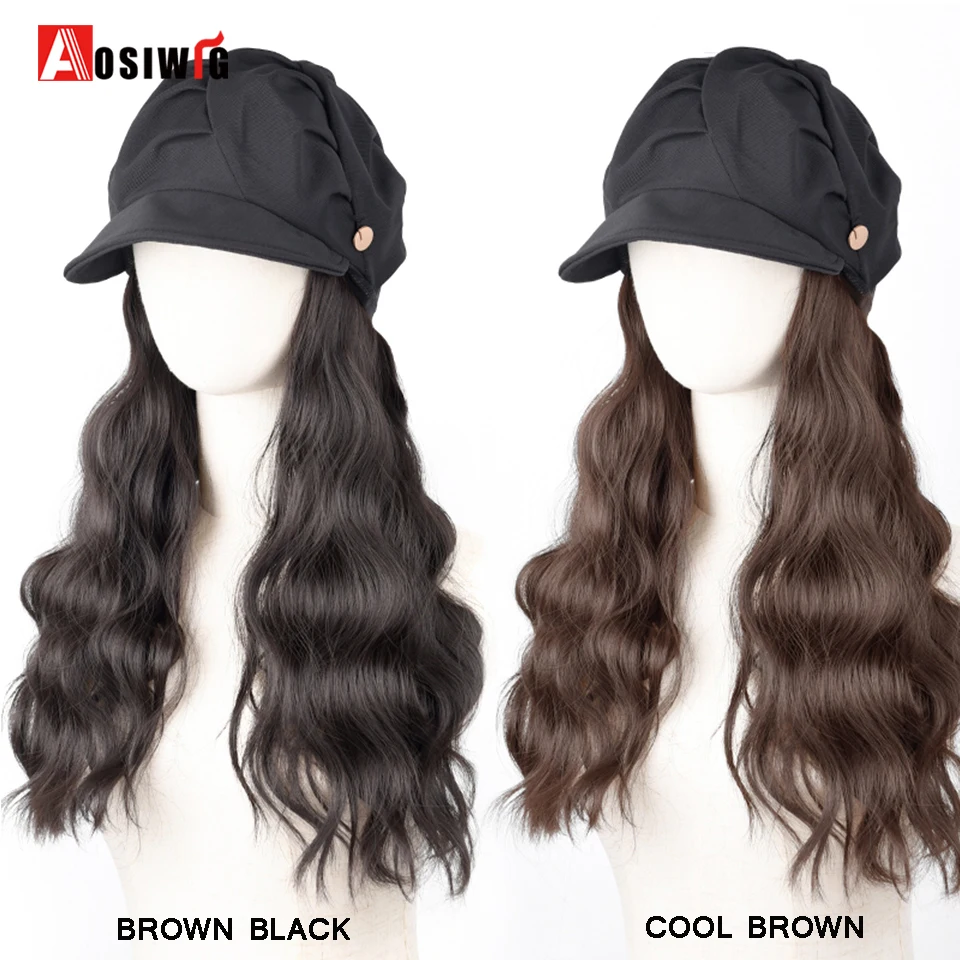 Cap Wig Female Synthetic Long Water Wave Hair Wig With Beret Hat One Piece Adjustable Hat Wig Heat-resisting Fake Hair