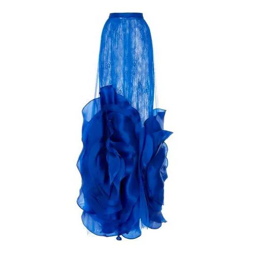 Faldas largas sexis de color azul real para mujer con flores hechas a mano, falda larga de cintura alta para mujer, falda de fiesta transparente