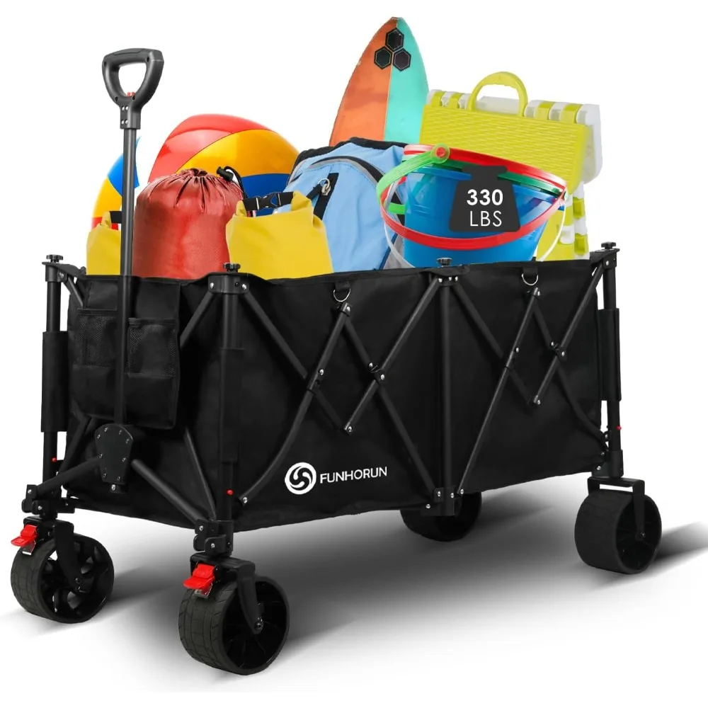 

Collapsible Wagon Carts, Heavy Duty Foldable Beach Wagon with All-Terrain Detachable Big Wheels, Brake and Drink Holders