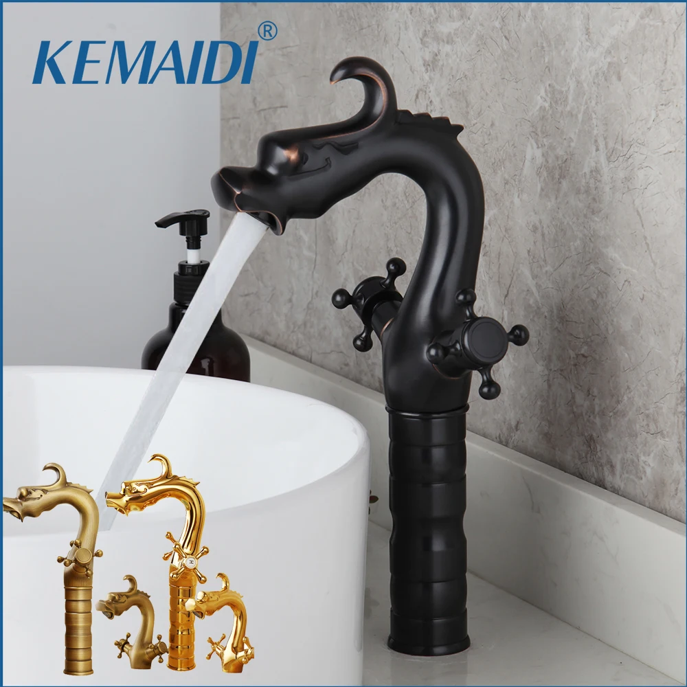 

KEMAIDI Bathroom Basin Faucet Mixer Hot And Cold Water Taps Chinese Dragon Vanity Sink Faucets Dual Handles Washing Basin Taps