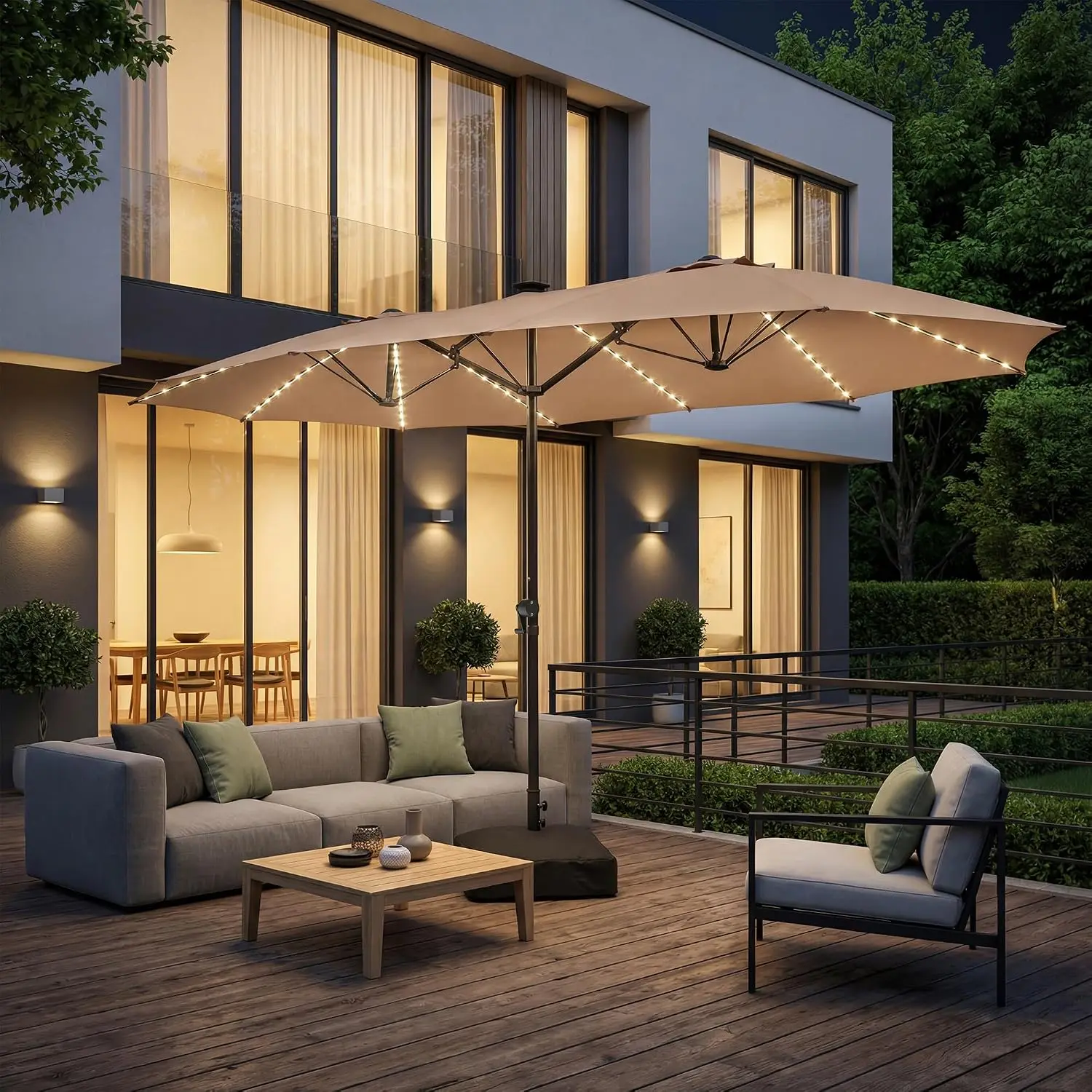 15FT Double Sided Patio Umbrella, Fade Resistant Outdoor Umbrella with LED Lights USB Charging,  Pool BBQ Backyard, Customized
