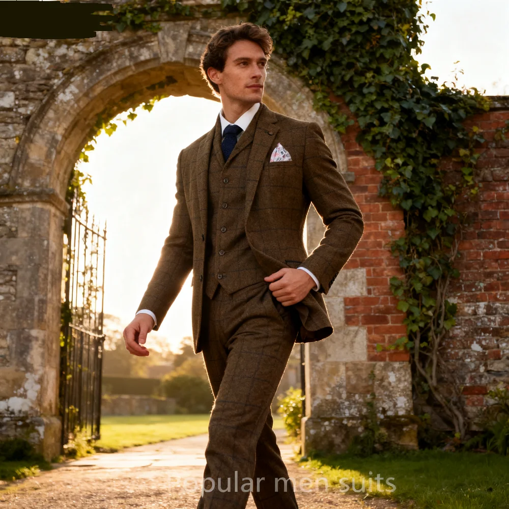 

Men's Brown Tweed 3-Piece Formal Suit Slim Fit Wedding Groomsmen Confirmed Smoking Notch Lapel Business Party Ternos Masculinos